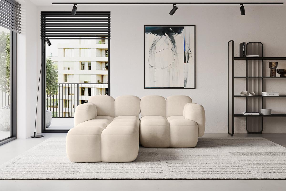 ECKSOFA modulares Sofa Links Miko-L1 214x205x75 Beige Velours - Ecru/Schwarz, Holzwerkstoff/Kunststoff (214/205cm) - ALTDECOR