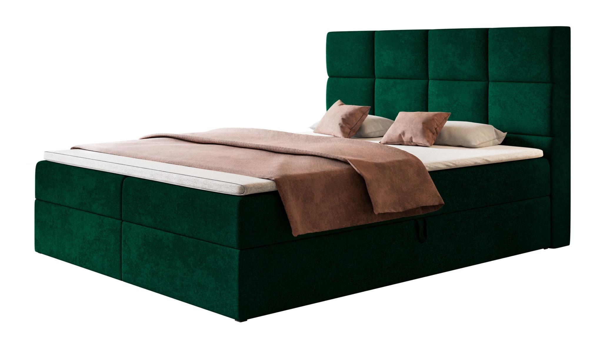 BOXBETT ROMA mit 2 Bettkästen, 180x200, Farbe: Dunkelgrün, Velourstoff, Doppelbett mit Bonell-Matratze - Dunkelgrün, Holz/Kunststoff (180/200cm) - Alpi-Möbel