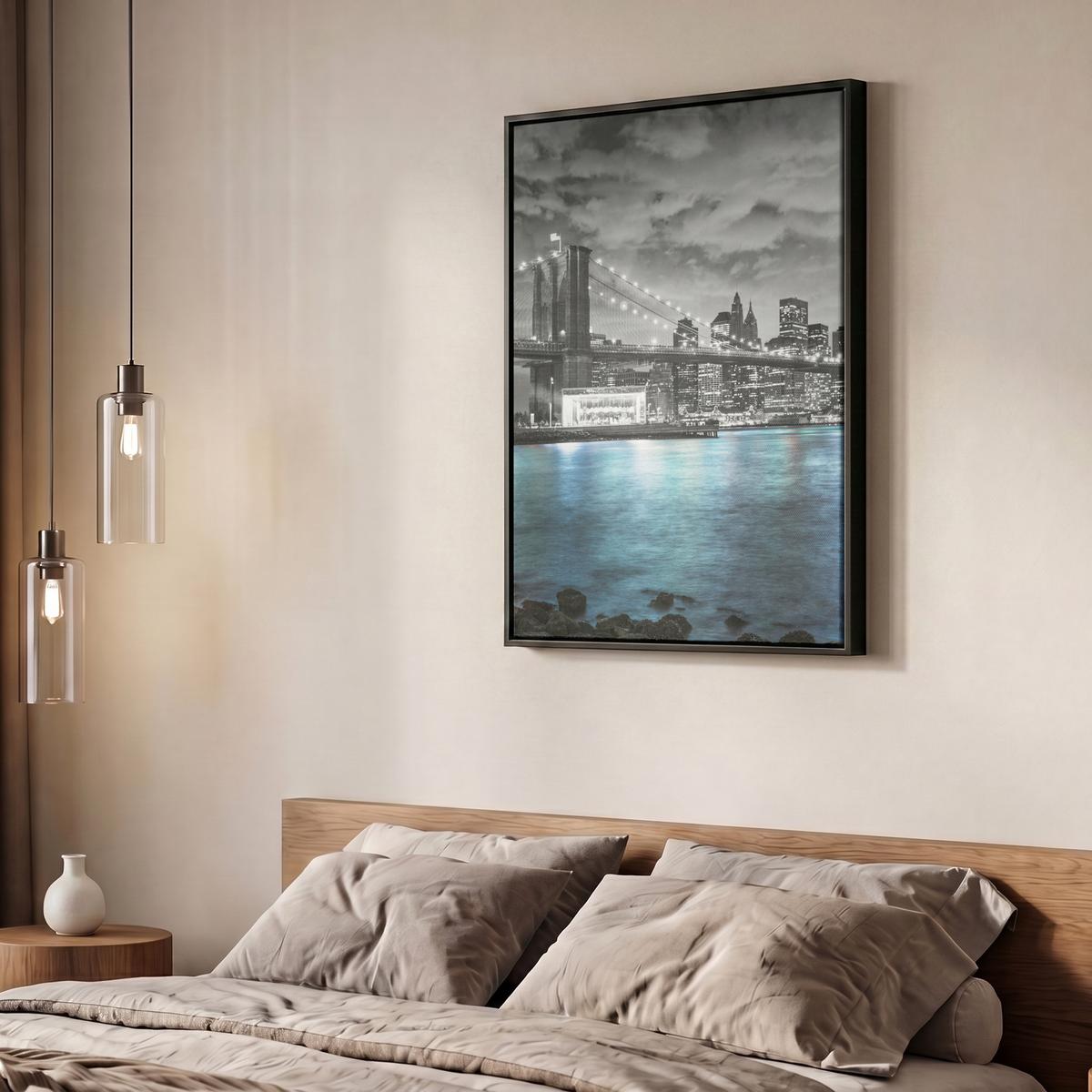 LEINWAND Bilder mit Rahmen - New York - Skyline - Stadt - Blau - 60x80 - Blaugrau, Textil (60/80cm) - MuchoWow