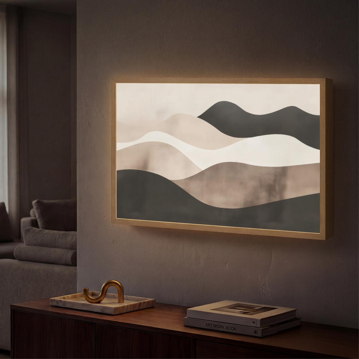 WANDLEUCHTE MIT AKKU Abstrakt - Landschaft - Wellen - Cremefarben 60x40 cm - Graubraun, Holzwerkstoff (60/40/8cm) - OnlyWow