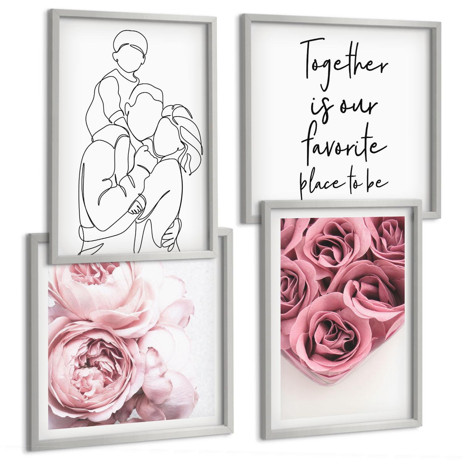 BILDER SET 4er Set - 50x50 cm & 40x60 cm Silberner Rahmen - Rosensträuße als Familienzeichnung - Silberfarben, Kunststoff (50/50cm) - TULUP