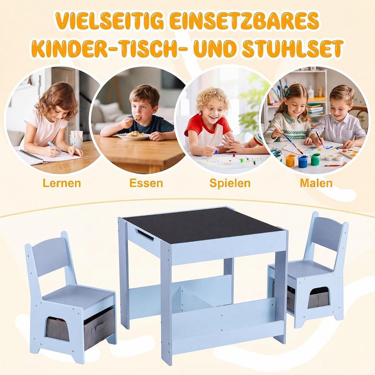 KINDERTISCH mit Stuhl blau(3-tlg) - Blau, Holzwerkstoff (62/56.5/62cm) - COSTWAY
