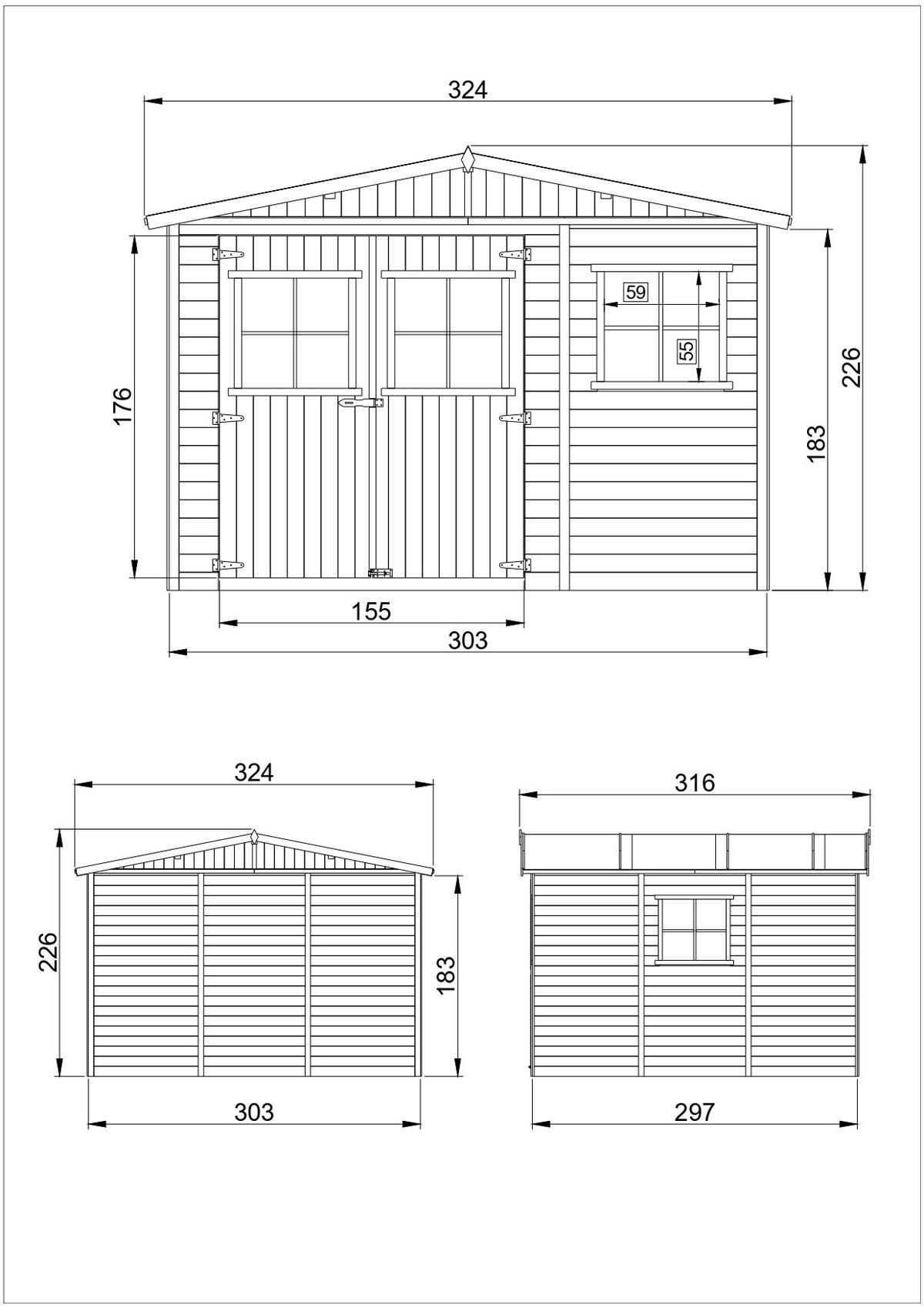 HOLZ-GARTENHAUS MIT IMPRÄGNIERTEM BODEN - H226x316x324 cm/9 m² - M335+335G - Beige, Holz (324/232/297cm) - Timbela