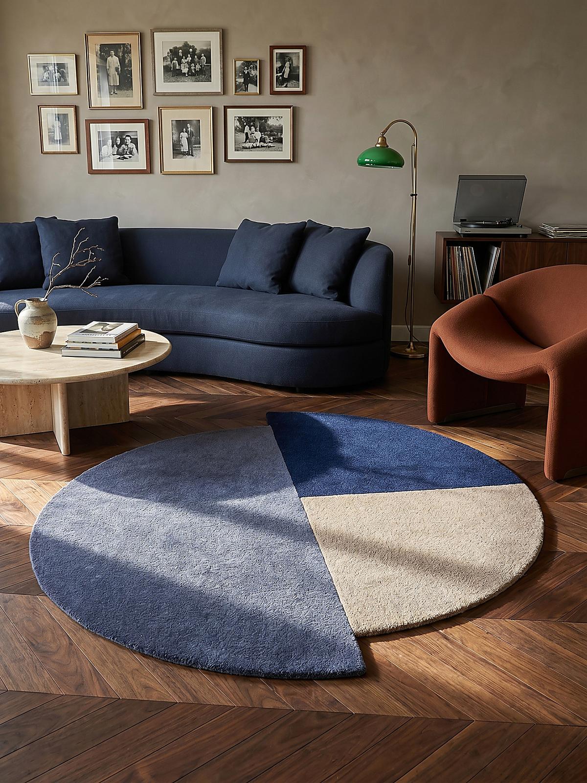 WOLLTEPPICH HALLEIN, geometrisch, Blau-Beige, Ø 150 cm - Blau, Textil (150/150cm) - KADIMA DESIGN
