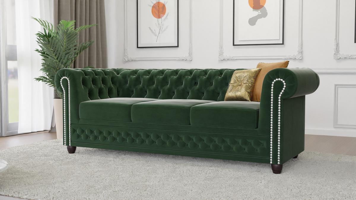 CHESTERFIELD-SOFA 3-Sitzer mit Schlaffunktion Nyx Flasche grün Samt - Smaragdgrün/Braun, Holz/Textil (203/28/86cm) - S-Style Möbel