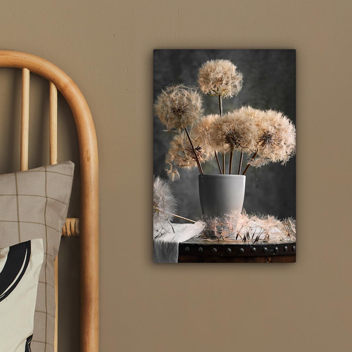 LEINWANDBILD Blumensamen - Löwenzahn - Vase - Stilleben - Blumenstrauß Deko Wohnzimmer 20x30 cm - Dunkelgrau, Textil (20/30cm) - MuchoWow