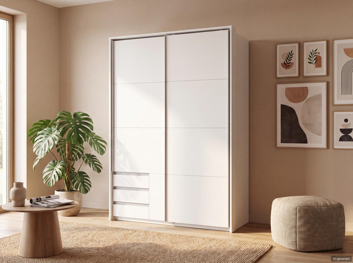 SCHWEBETÜRENSCHRANK 2-türig B138/H200/T65 cm, Passepartout-Kleiderschrank in Weiß mit sichtbaren Schubkästen / 22667 - Alufarben/Weiß, Holz/Holzwerkstoff (138/200/65cm) - luma-home