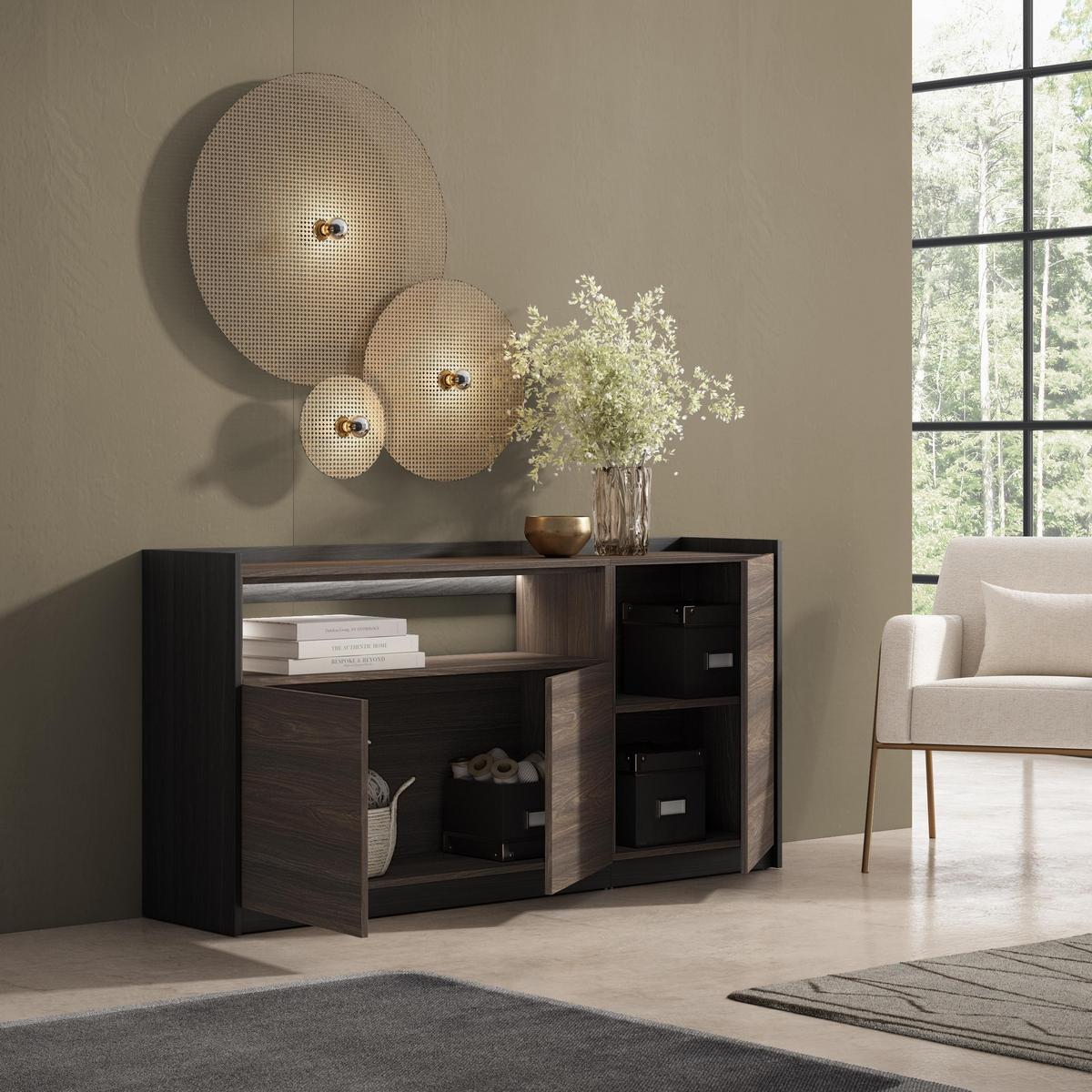 SIDEBOARD, Dunkler Eiche und Schwarz, 156/37/80cm, mit Led - Dunkelbraun, Holzwerkstoff (156/80/37cm) - Skraut Home