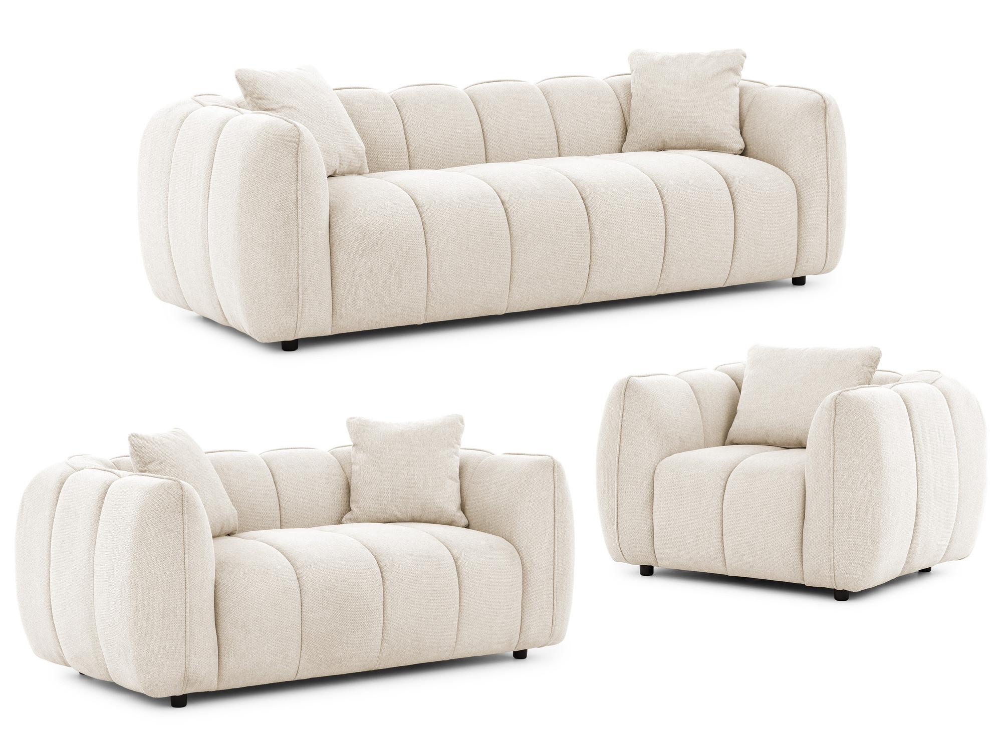 SITZGARNITUR 3+2+1 Nubira in tief gesteppter Bubble-Optik aus weichem Hellbeige Strukturstoff im modernen Design - Beige/Schwarz, Holz/Kunststoff (228/69/89cm) - S-Style Möbel