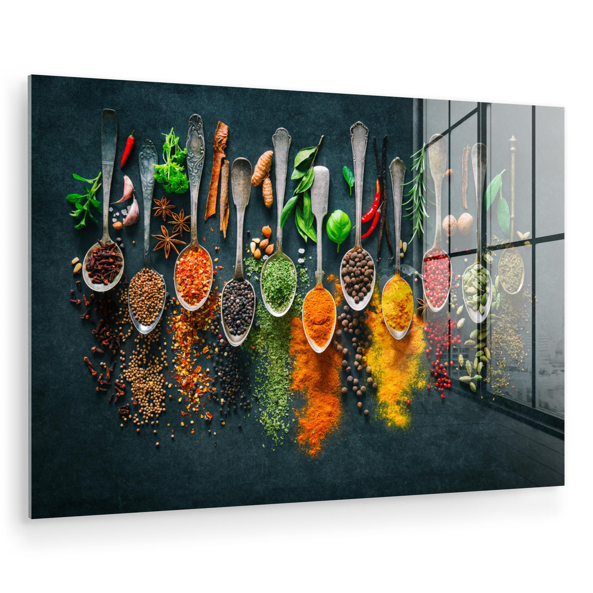 ACRYLGLASBILD Kräuter - Gewürze - Löffel Wanddeko 60x40 cm - Currygelb, Glas (60/40cm) - MuchoWow