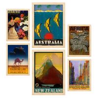 POSTER Set Mit 6 Von Norden Nach Süden Vollfarbige Illustrationen Von Vintage Tourismus Werbetafeln Aus Der Ganzen Welt A3 & A4 Rahmen Aus Hellem Holz - Beige, Papier (29/3cm) - Nacnic