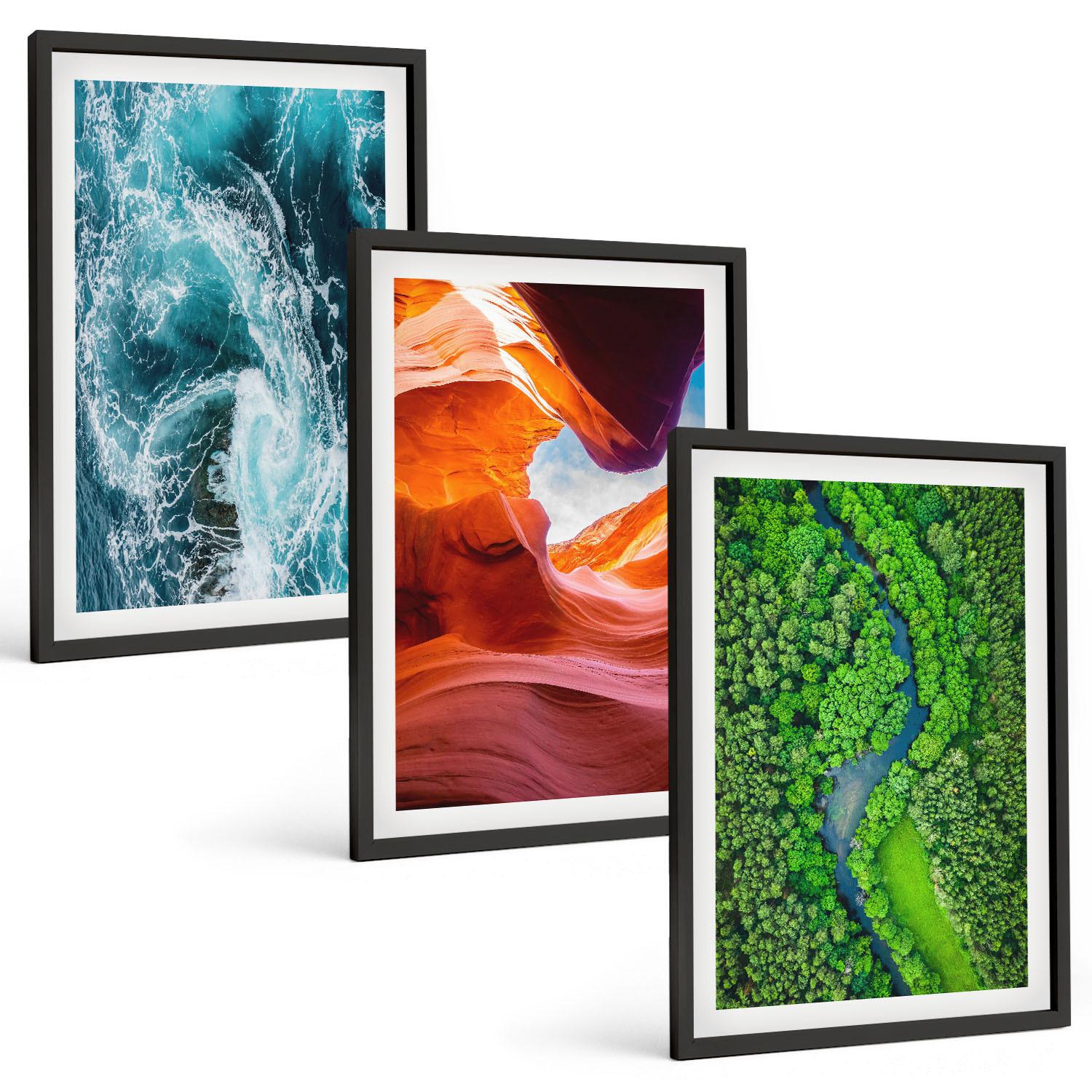 BILDER SET 3er Set - 40x60 cm Schwarzer Rahmen - Wasserbewegung Canyon grüner Wald - Schwarz, Kunststoff (40/60cm) - TULUP