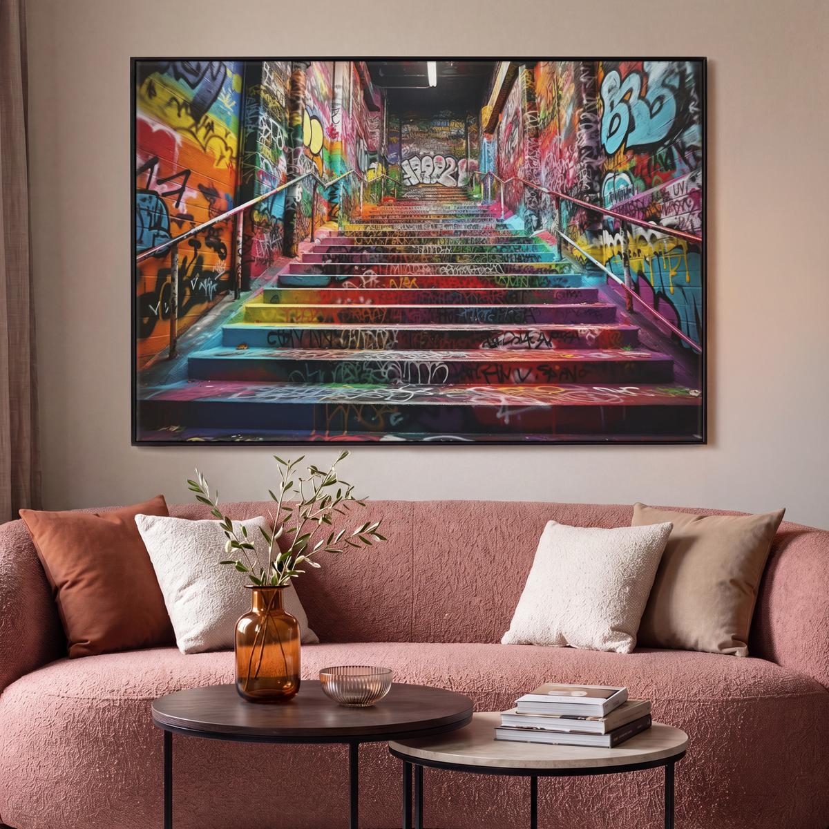 LEINWAND Bilder mit Rahmen - Treppe - Graffiti - Farben - Kunst - 140x90 - Multicolor, Textil (140/90cm) - MuchoWow
