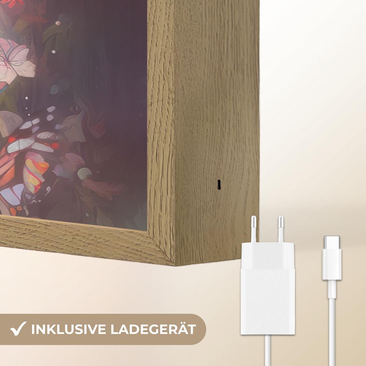 WANDLEUCHTE MIT AKKU Pferd - Natur - Blumen - Schmetterlinge - Wald 100x70 cm - Dunkelbraun, Holzwerkstoff (100/70/8cm) - OnlyWow