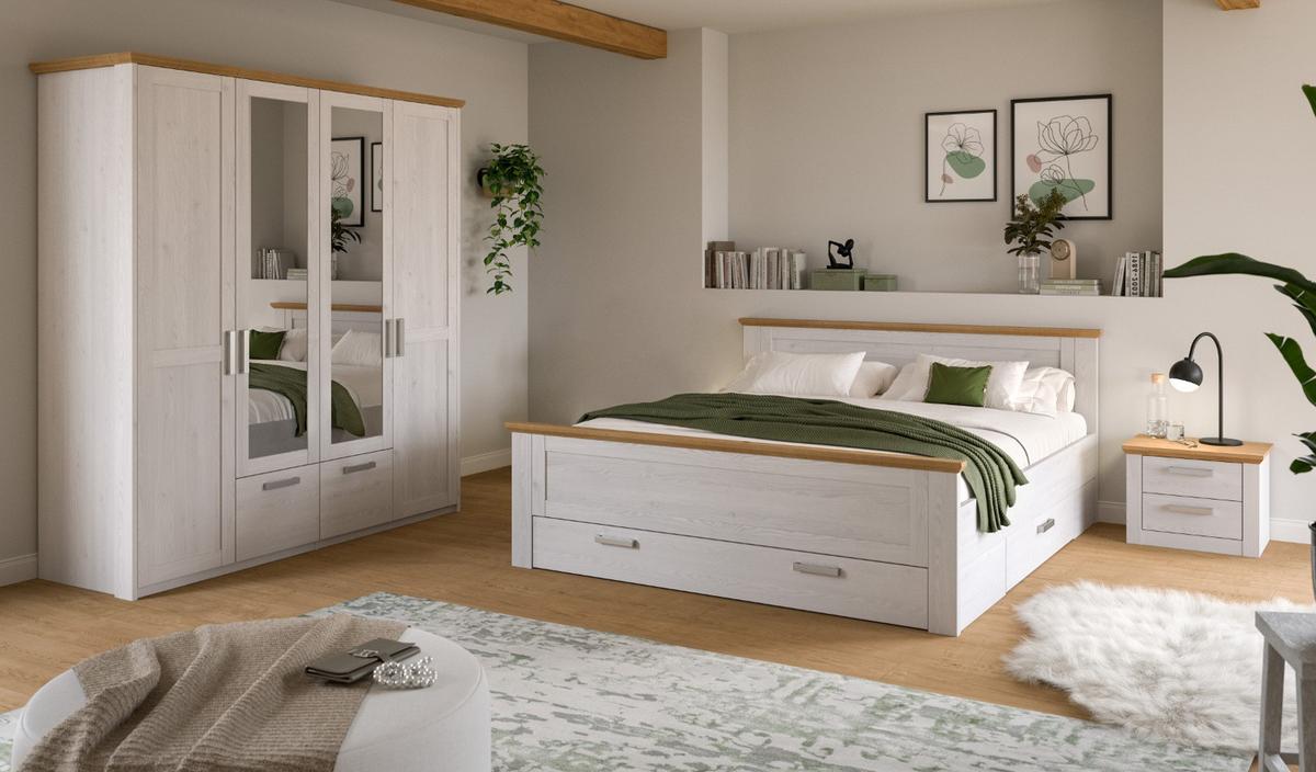SCHLAFZIMMER weiß Lärche, Eiche Artisan Landhaus, Komplettset mit Bett Liegefläche 180 x 200 cm - Eichefarben/Silberfarben, Holzwerkstoff/Kunststoff (180/200cm) - Inn.Furn