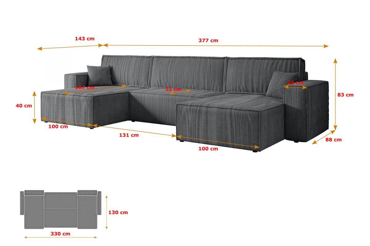 WOHNLANDSCHAFT mit Schlaffunktion und Bettkasten CELTIC-XLU - 377x143x83 cm Dunkelgrau Cord - Dunkelgrau/Schwarz, Holzwerkstoff/Kunststoff (377/83/143cm) - ALTDECOR