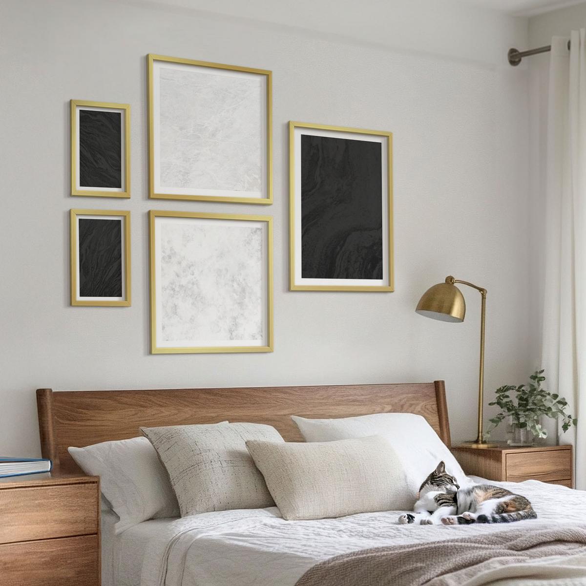 BILDER SET 5er Set - 50x50 cm & 20x30 cm & 40x60 cm Goldrahmen - Dunkles Licht, glamouröse Marmor - Goldfarben, Kunststoff (40/60cm) - TULUP
