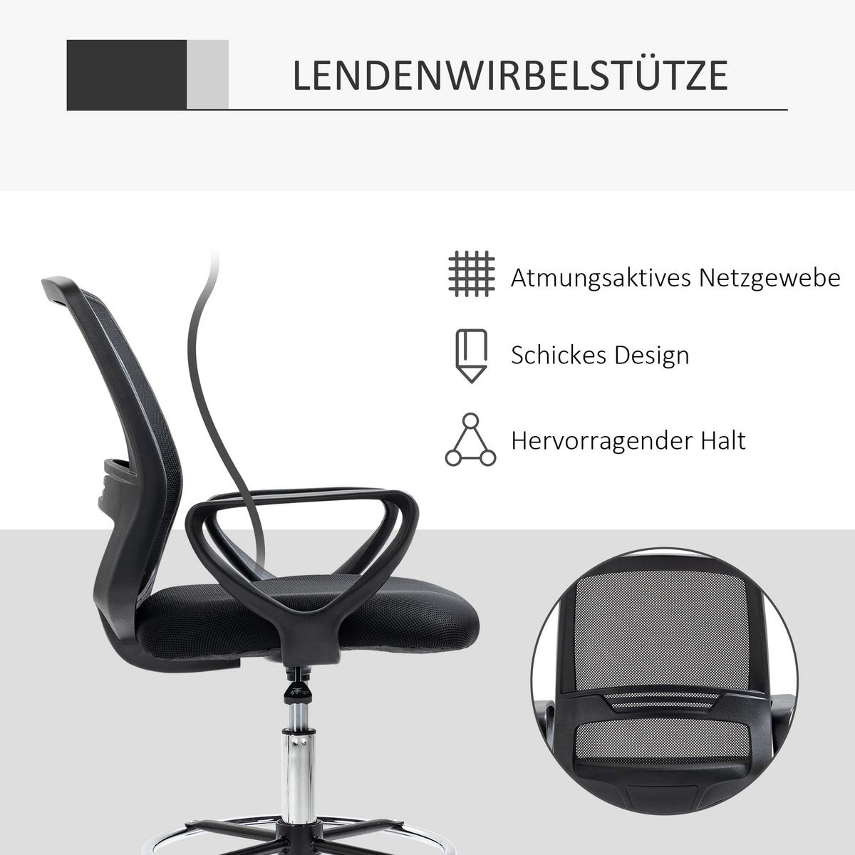 ARBEITSSTUHL Ergonomischer Drehstuhl Bürostuhl höhenverstellbar mit Fußstütze - Schwarz, Textil (66/120/68cm) - Vinsetto