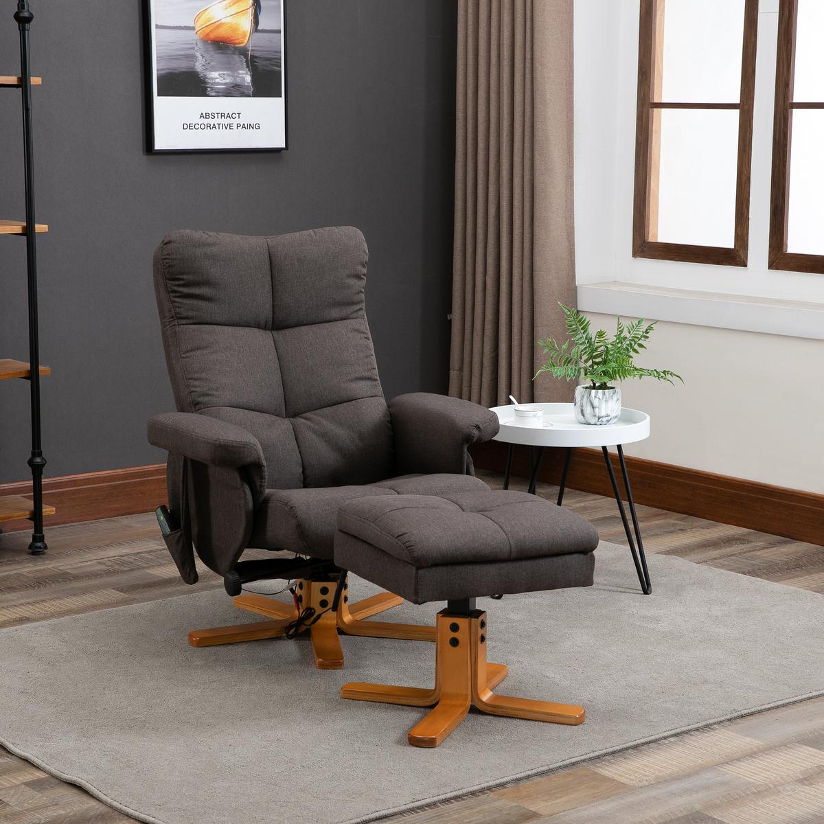 RELAXSESSEL Massagesessel mit Fußhocker Liegefunktion Polyester Braun - Braun, Holz/Textil (86/99/80cm) - HOMCOM