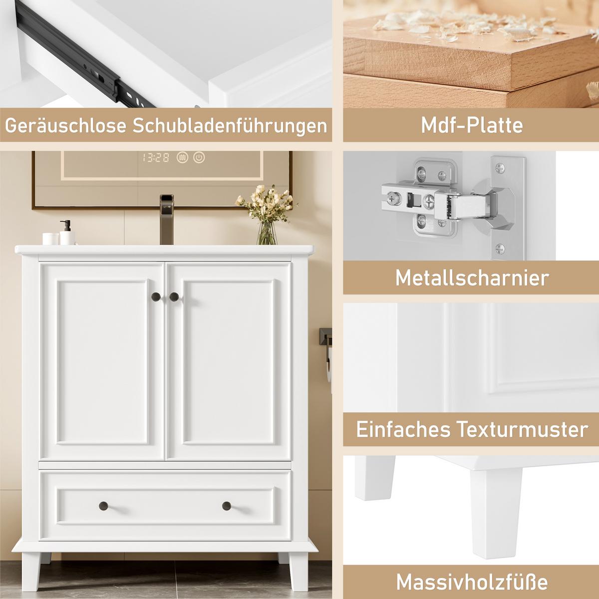 WASCHTISCHKOMBI Weiß mit Keramikbecken & Massivholzbeinen - Weiß, Keramik/Holzwerkstoff (76/87/46cm) - Urban Meuble