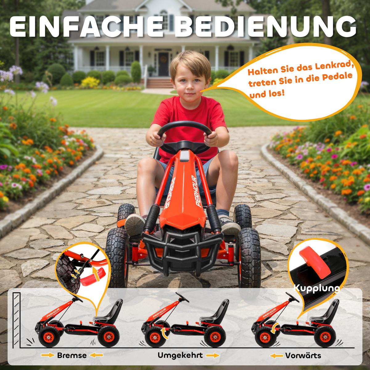 GOKART, Tretauto mit Handbremse, verstellbarem Sitz, Vor- und Rückwärtsgang - Rot, Metall (110/61/62cm) - AIYAPLAY