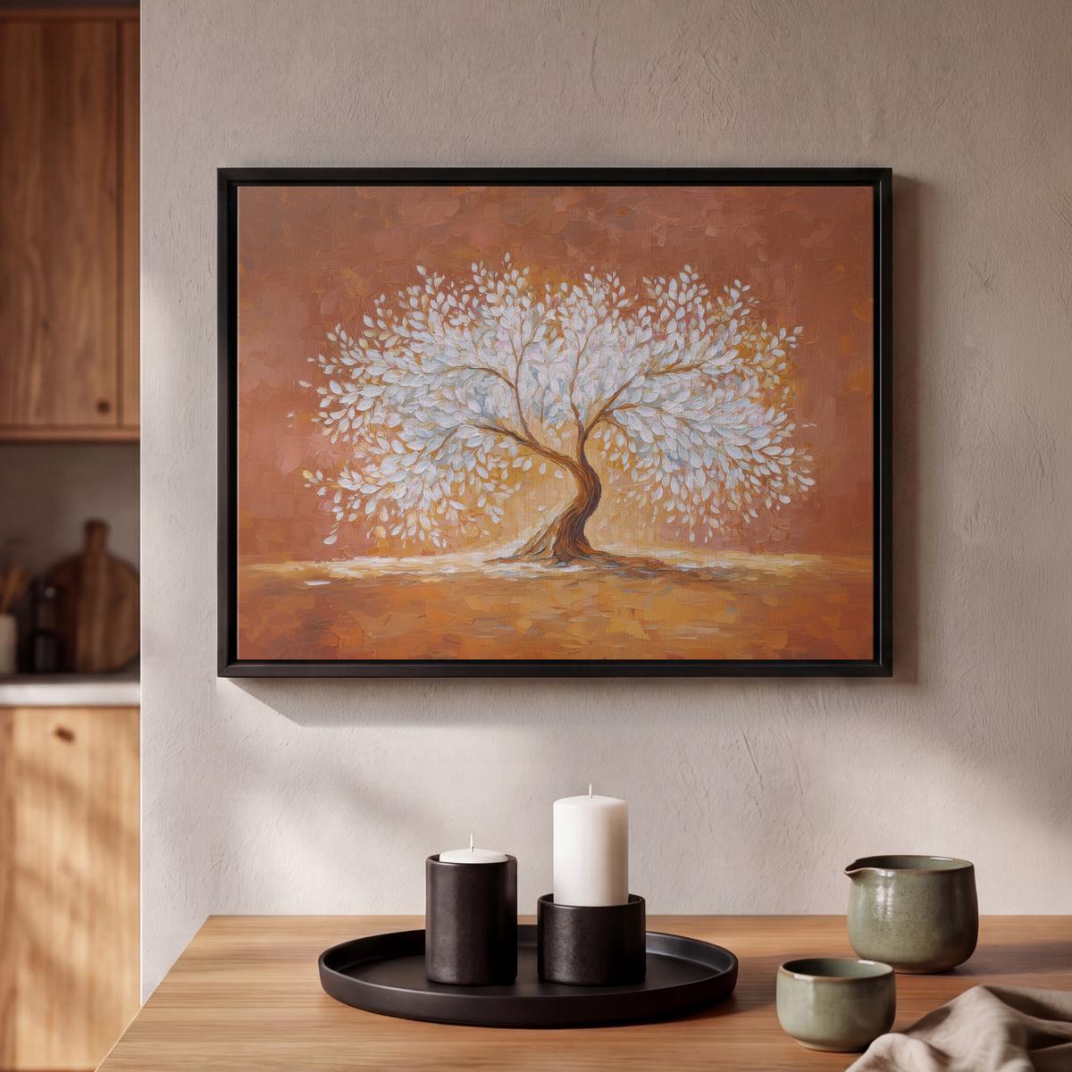 LEINWAND Bilder mit Rahmen - Abstrakt - Baum - Weiß - Blätter - 40x30 - Braun, Textil (40/30cm) - MuchoWow