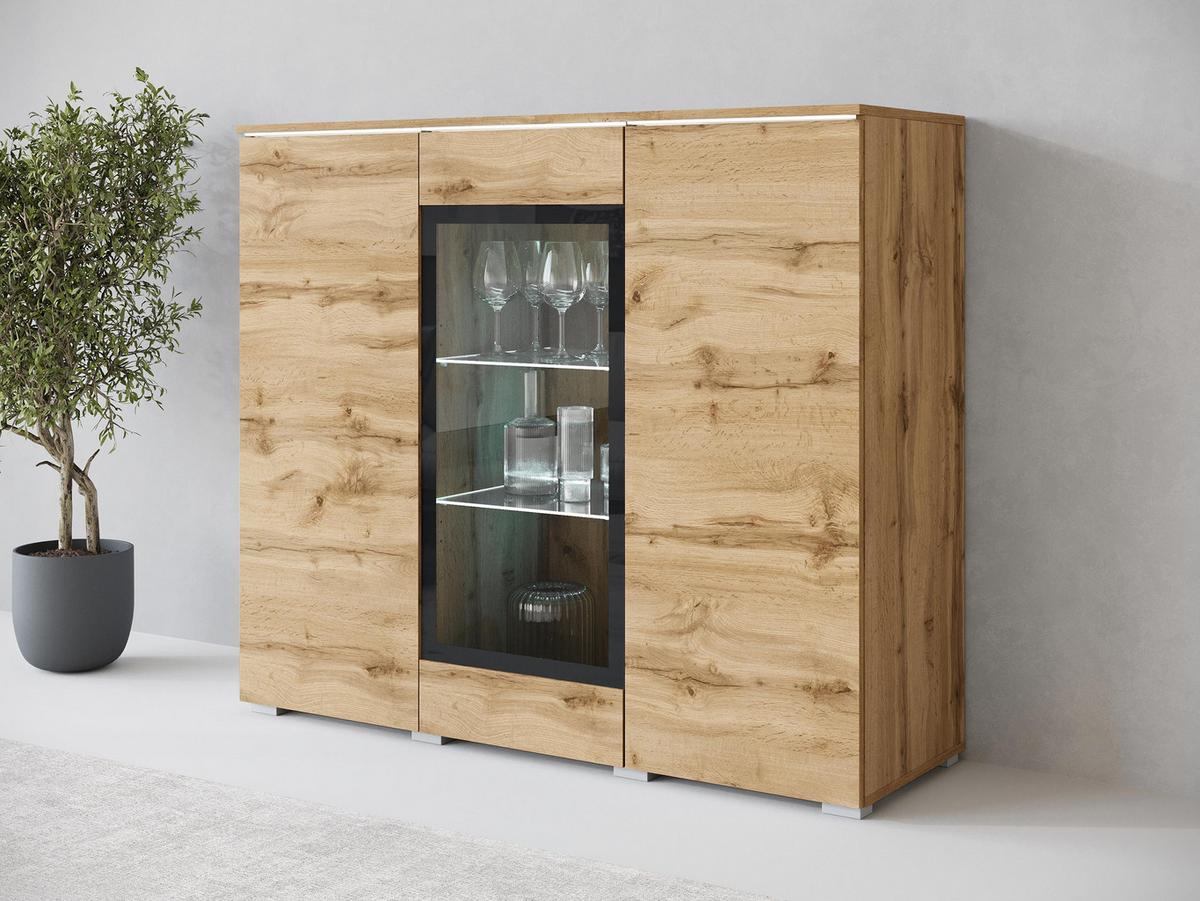 KOMMODE Vera 120 mit weißer LED Beleuchtung - Eiche Wotan/Silberfarben, Holzwerkstoff/Kunststoff (120/104/40cm) - MIRJAN24