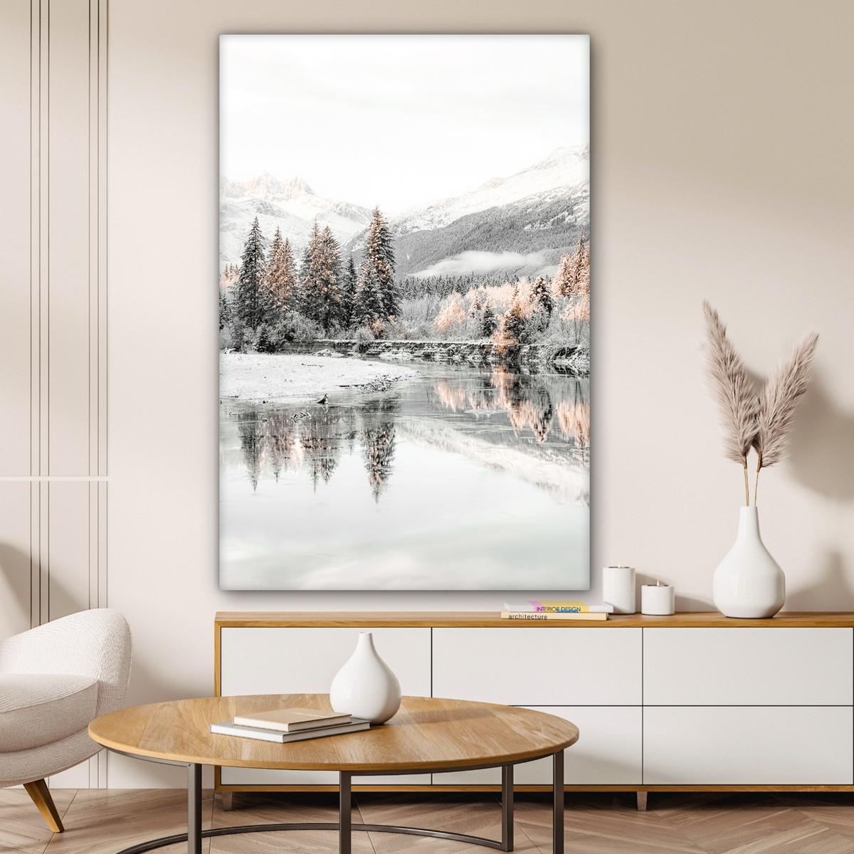 LEINWANDBILD Natur - Winter - Bäume - Berge - Schnee Deko XXL 80x120 cm - Weiß Hochglanz, Textil (80/120cm) - MuchoWow