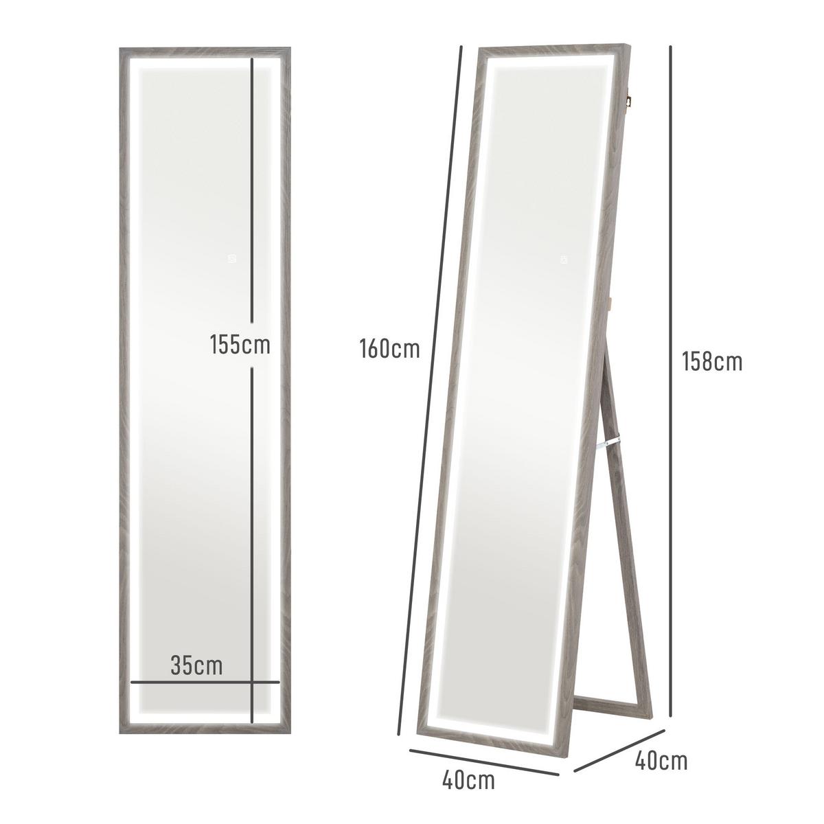 GANZKÖRPERSPIEGEL 40 x 160 cm Standspiegel mit LED-Lichte, 3 Lichtfarben, Grau - Grau, Glas (5/160/40cm) - HOMCOM