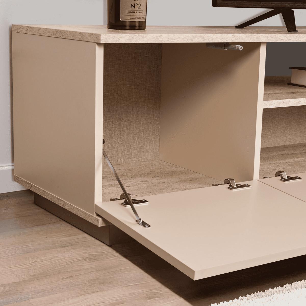 TV furniture with 3 folding doors and 1 niche, L180 cm - Beige, Holzwerkstoff (44.5/44.6/12cm) - Calicosy