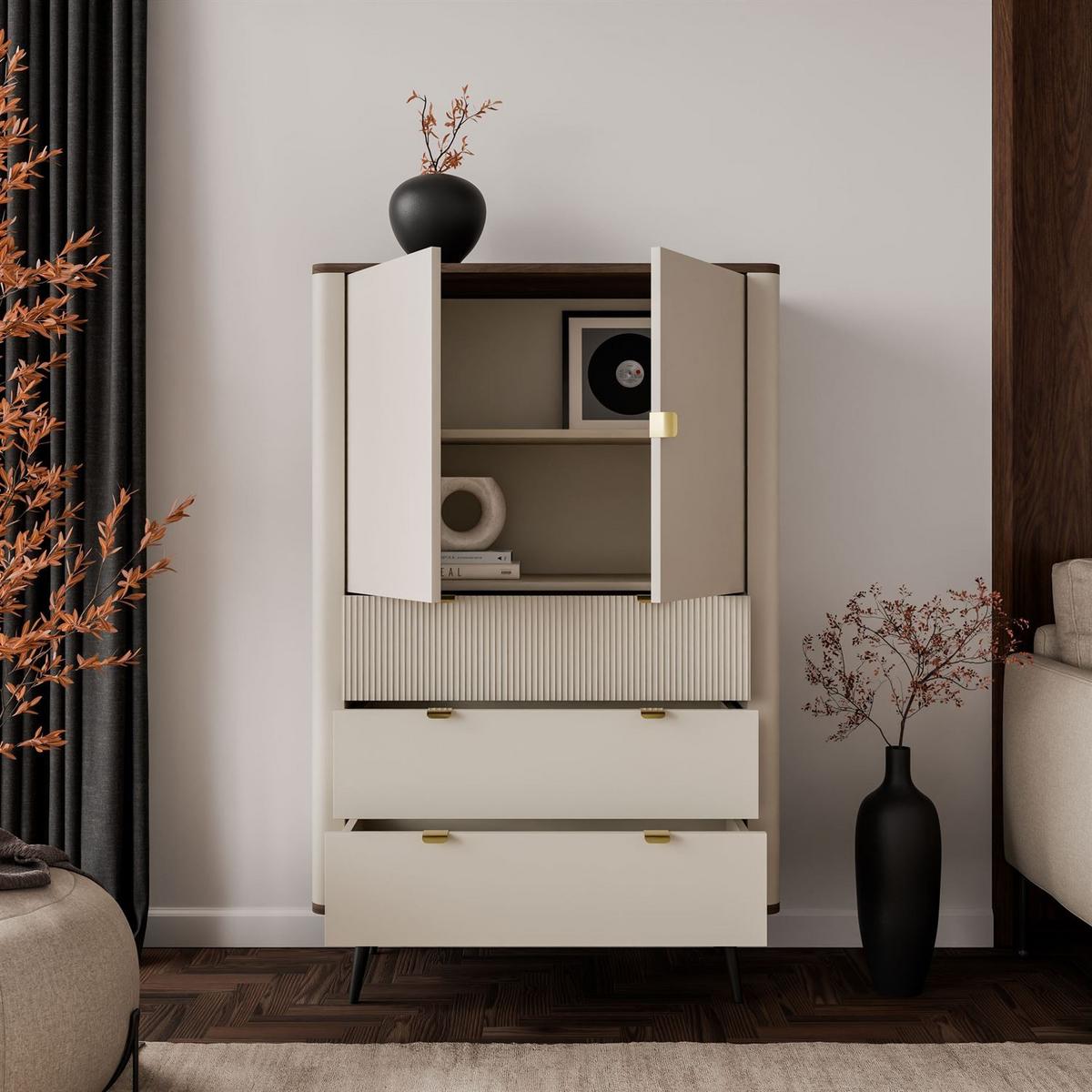HIGHBOARD mit Schubladen AUTUMN 2D3S mit geriffelter Front, Kaschmir / Nussbaum - Beige/Braun, Holzwerkstoff (90/142/40cm) - Lookway