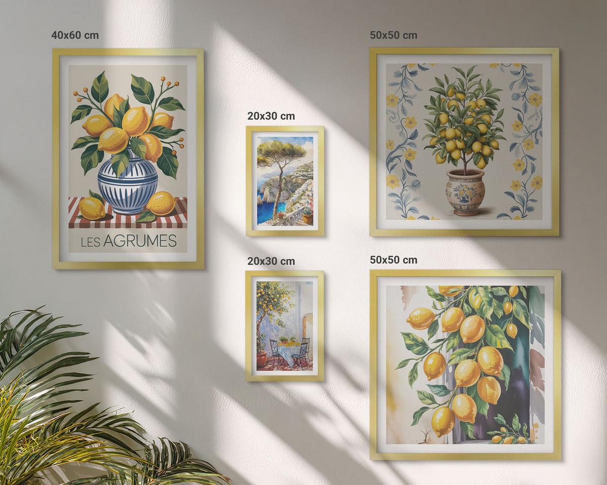 BILDER SET 5er Set - 50x50 cm & 20x30 cm & 40x60 cm Goldrahmen - Zitronenbäume am Meer - Goldfarben, Kunststoff (40/60cm) - TULUP