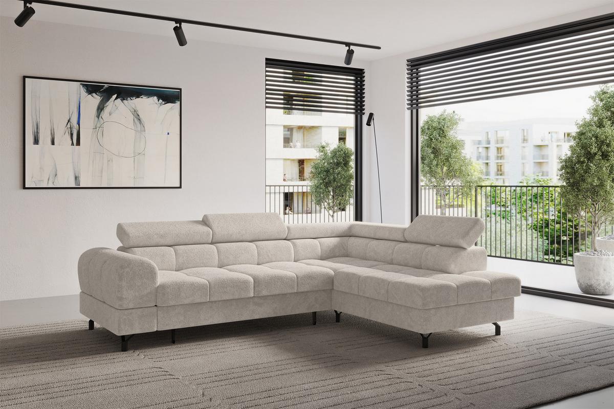 ECKSOFA mit Schlaffunktion Ottomane Rechts LUMA-L 272x203x70 Beige Velours - Beige/Schwarz, Holzwerkstoff/Kunststoff (203/272cm) - ALTDECOR