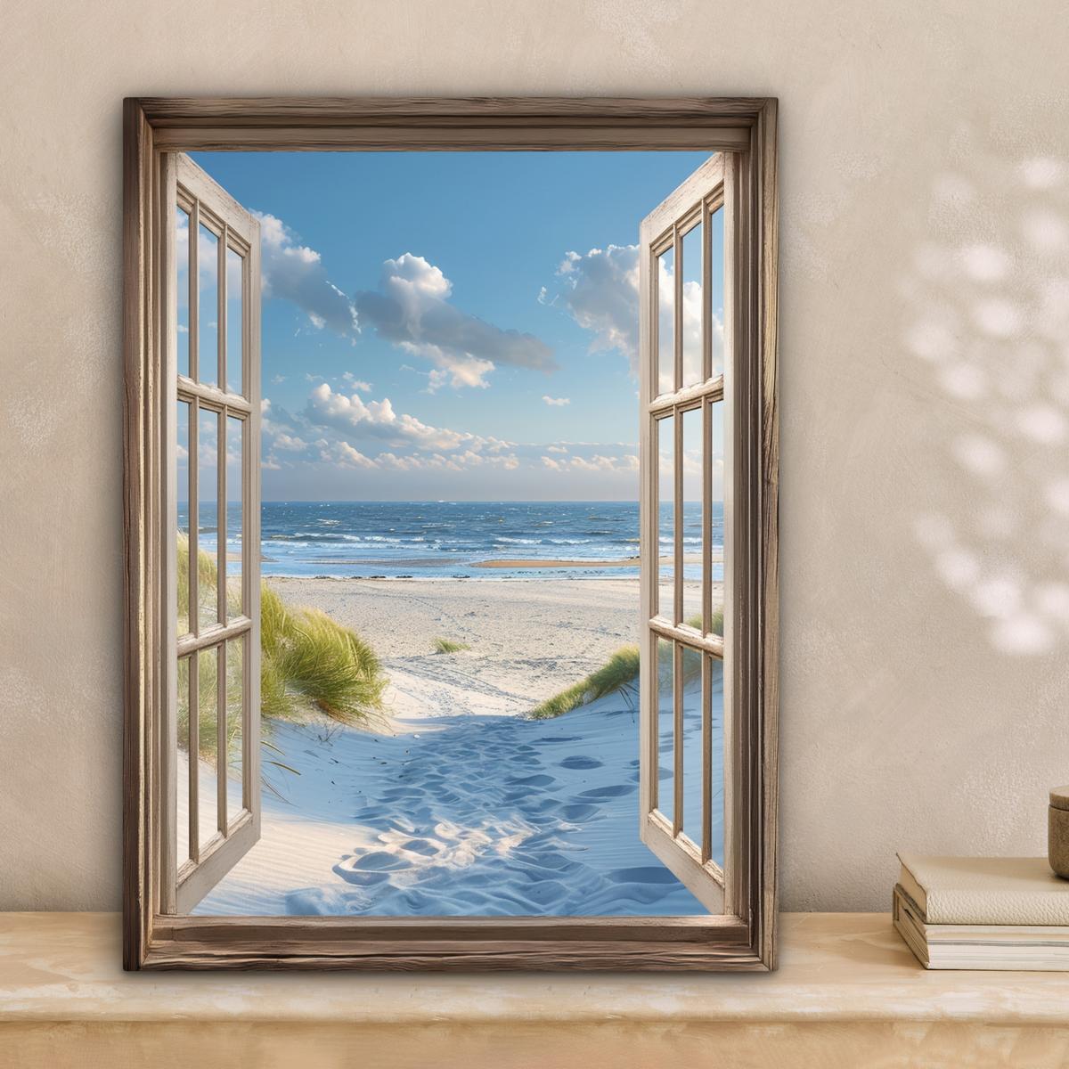 LEINWANDBILD Aussicht - Strand - Fenster - Dünen - Meer Room Decor 30x40 cm - Hellblau, Textil (30/40cm) - MuchoWow
