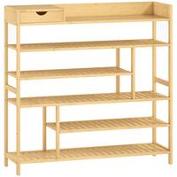 SCHUHREGAL, Schuhständer mit 6 Ebenen, Schublade für max. 18 Paar, Bambus - Naturfarben, Holz/Bambusholz (30/100/101cm) - HOMCOM