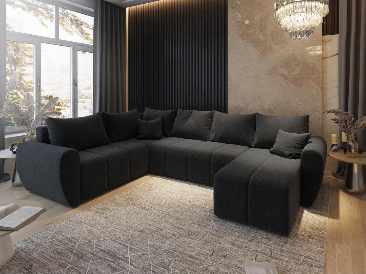 WOHNLANDSCHAFT MADISON XL L-S Schwarz Dünner Stoff mit Schlaffunktion - Schwarz, Holz/Kunststoff (303/82/208cm) - MASSENO