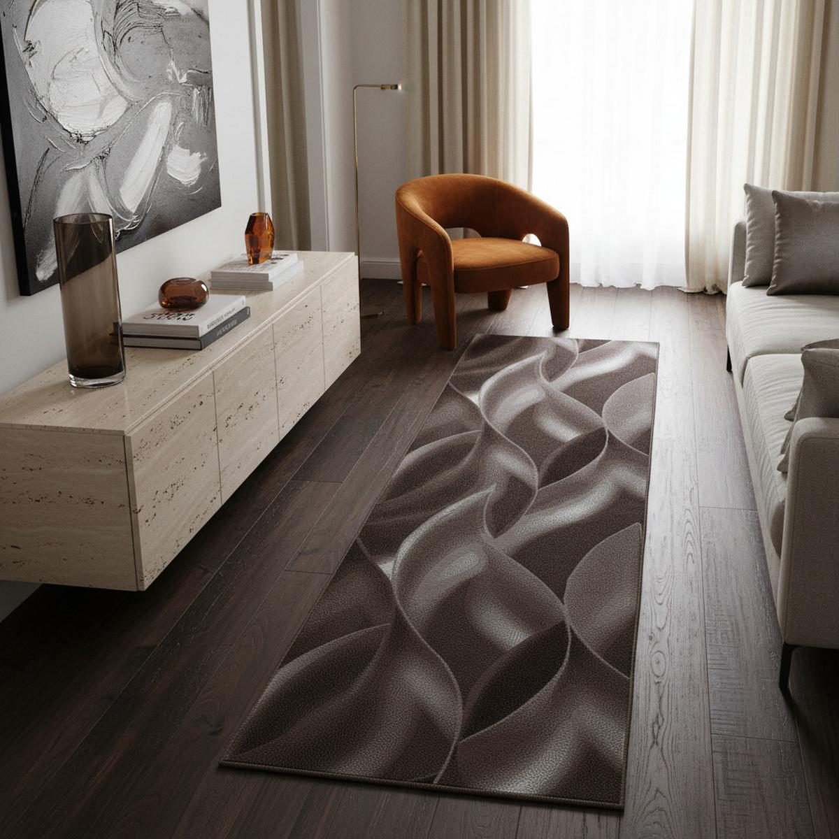 TEPPICH Kurzflor INN in Braun, mit abstraktem Wellenmuster, 80 x 300 cm - Braun, Textil (80/300cm) - KADIMA DESIGN