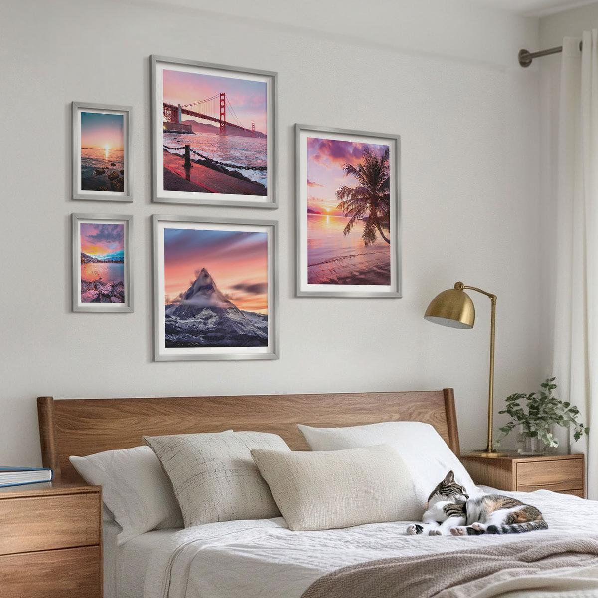 BILDER SET 5er Set - 50x50 cm & 20x30 cm & 40x60 cm Silberner Rahmen - Rosen, Champagner, Marmor, Pastell - Silberfarben, Kunststoff (40/60cm) - TULUP