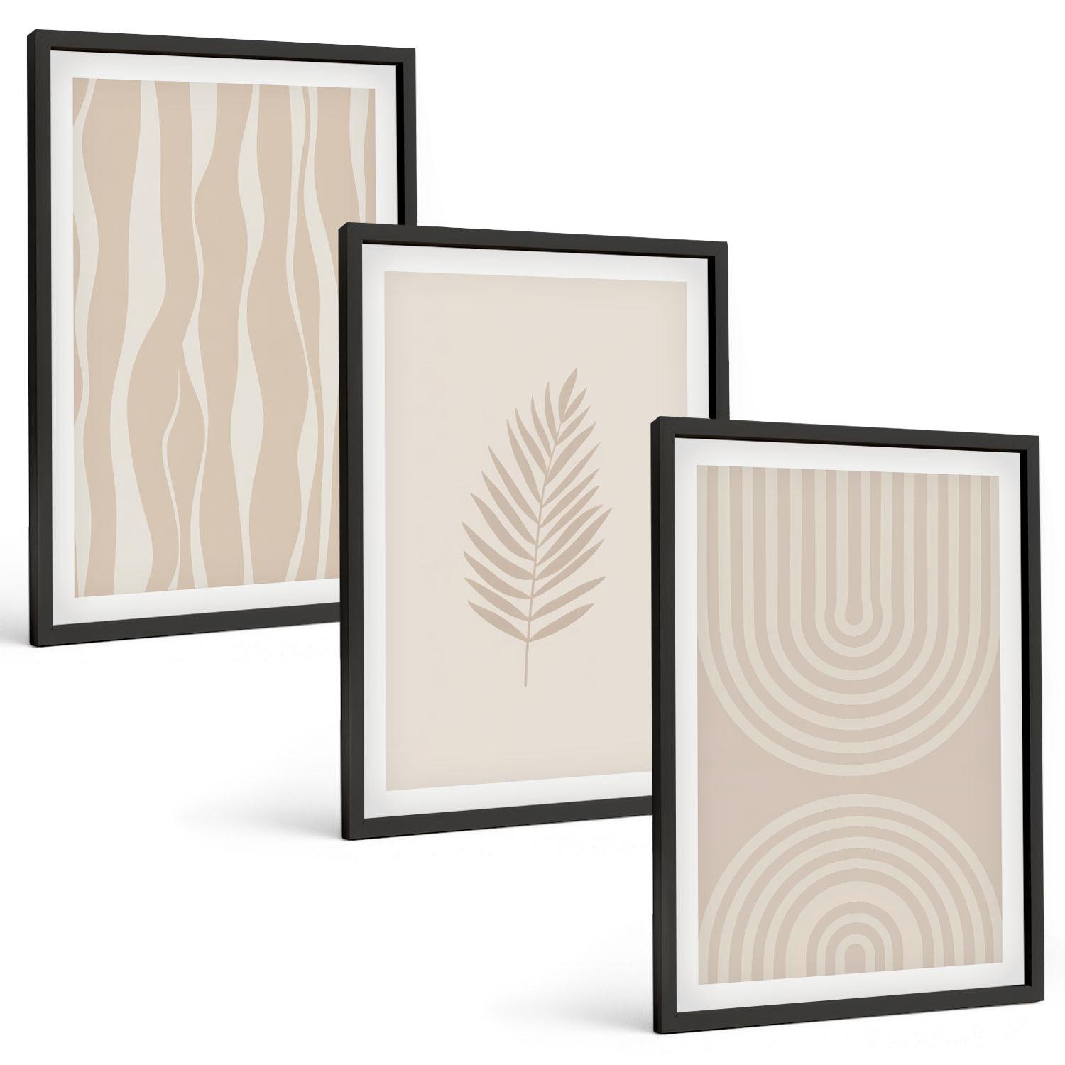 BILDER SET 3er Set - 40x60 cm Schwarzer Rahmen - Beige Pflanzenmuster - Schwarz, Kunststoff (40/60cm) - TULUP