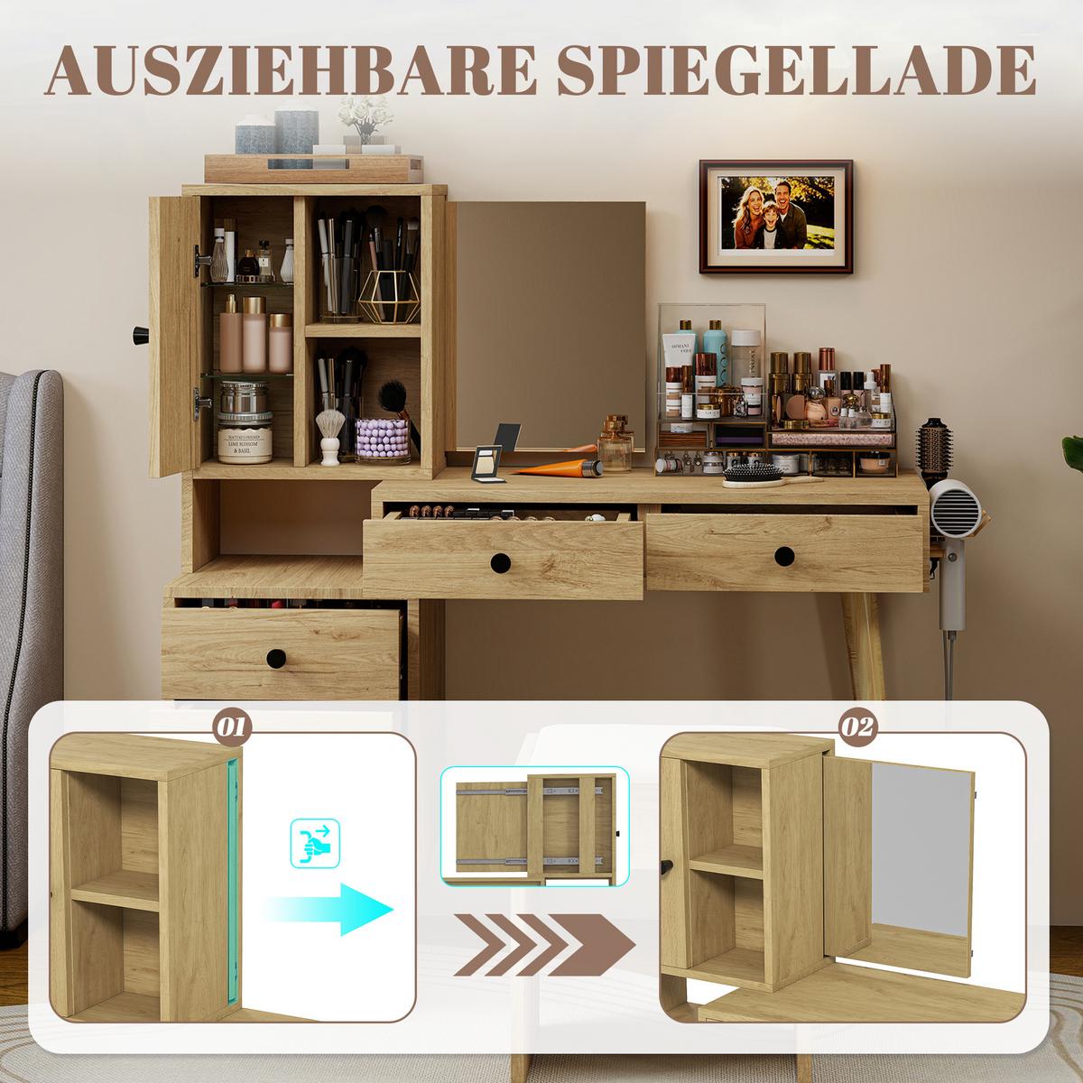 SCHMINKTISCH mit Hocker Naturholzoptik mit versenkbarem Spiegel, 5 Schubladen - Naturfarben, Holzwerkstoff (123/120/40cm) - Urban Meuble