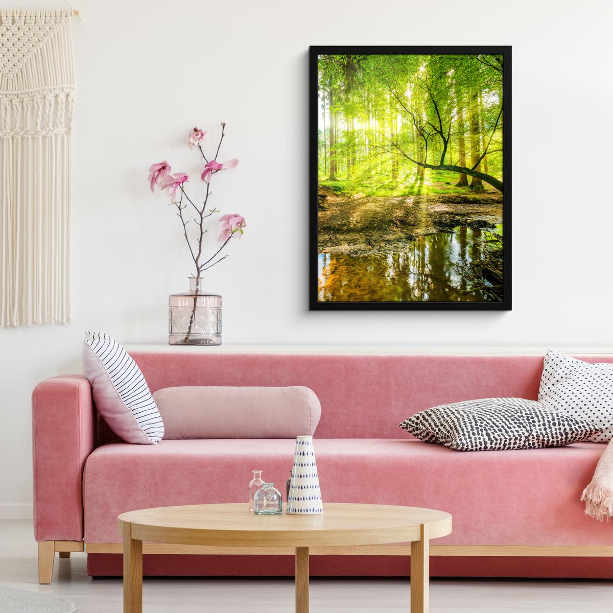 POSTER MIT RAHMENGERAHMTES BILD Wald - Landschaft - Wasser - Bäume - Sonne - Grün - Natur Posterleiste 60x80 cm - Grün, Papier (60/80cm) - MuchoWow