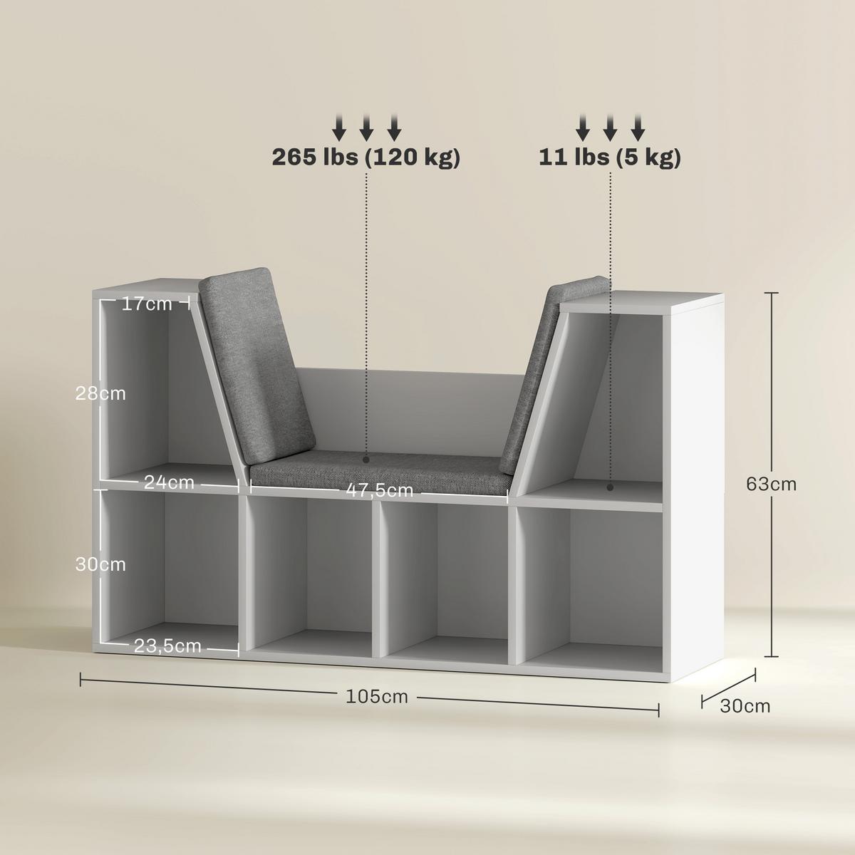 BÜCHERREGAL mit Sitzkissen, Aufbewahrungsregal mit 6 Fächern, Leinenoptik, Weiß - Weiß/Grau, Holzwerkstoff/Textil (105/63/30cm) - HOMCOM