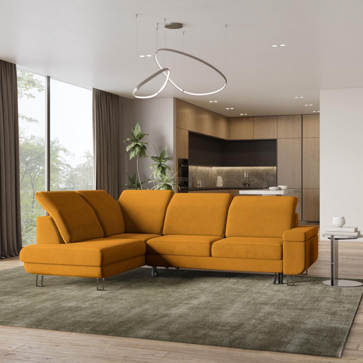ECKSOFA LERMA L-S Gelb Velours-Stoff mit Schlaffunktion - Gelb/Silberfarben, Holz/Textil (253/190cm) - MASSENO