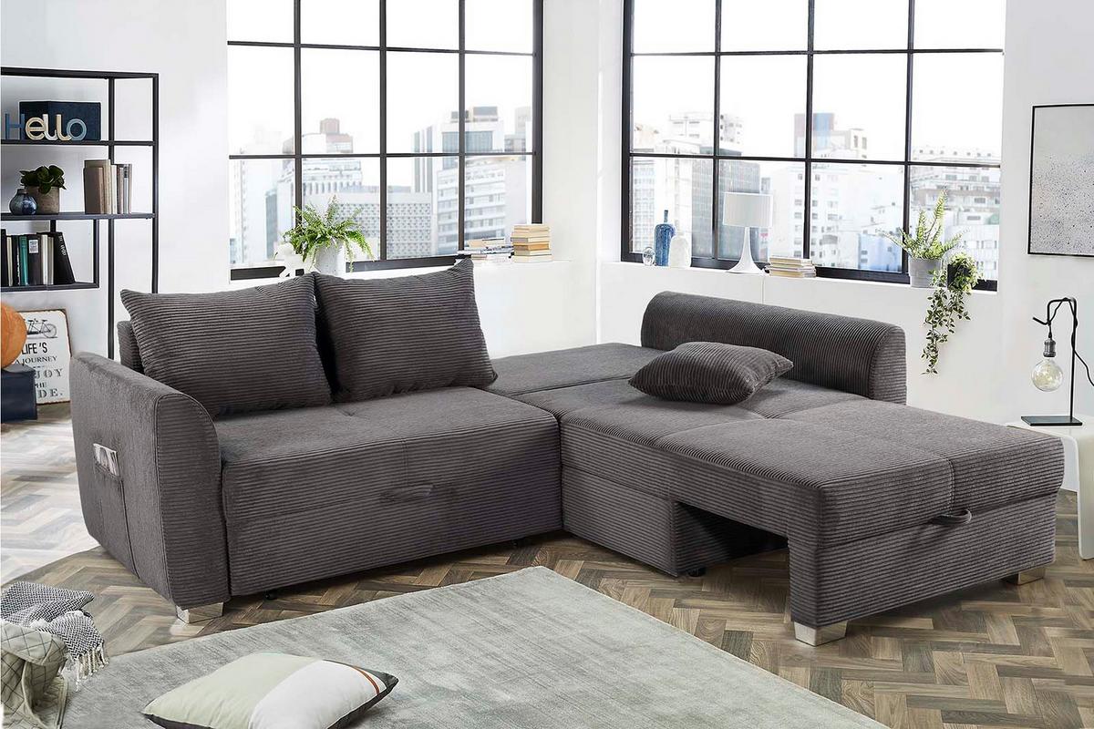 ECKSOFA mit Schlaffunktion und Bettkasten, seitenverkehrt montierbar B236/T160/H81 cm, Liegefl. 142x202 cm, Cord Dunkelgrau / 15202 - Chromfarben/Dunkelgrau, Kunststoff/Textil (236/160cm) - luma-home