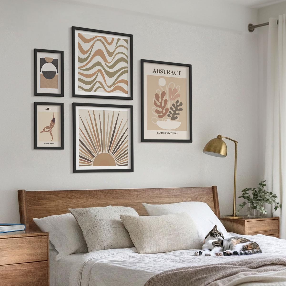 BILDER SET 5er Set - 50x50 cm & 20x30 cm & 40x60 cm Schwarzer Rahmen - Matisse Boho abstrakte Muster - Schwarz, Kunststoff (40/60cm) - TULUP
