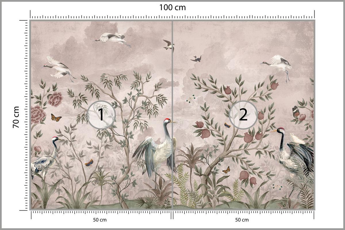 FOTOTAPETE für Schlafzimmer Kraniche Bäume Tropische Blumen Büsche 100x70 - Beige/Rot, Papier (100/70cm) - Muralo