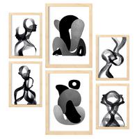 POSTER Set Mit 6 Gebogener Körper In Liebhaber Abstrakt Ästhetische Dekorative Gemälde Für Ihr Wohnzimmer Zuhause A3 & A4 Rahmen Aus Hellem Holz - Beige, Papier (29/3cm) - Nacnic