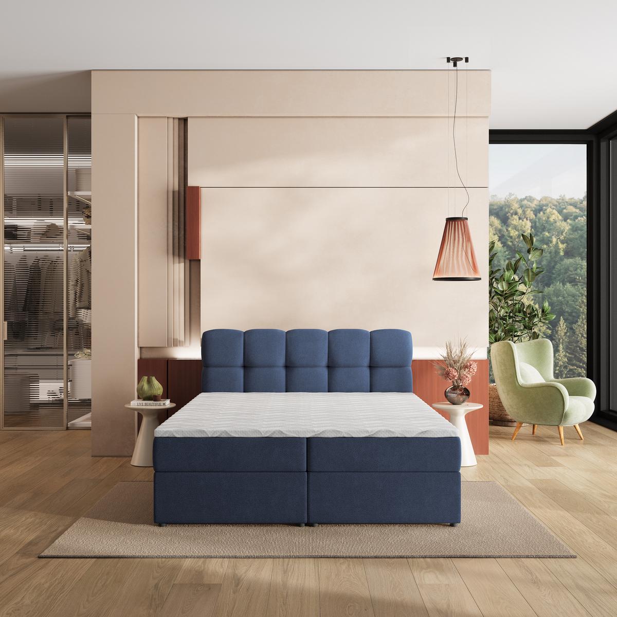 BOXBETT MERU 200x200 cm mit Matratze und Topper, H2+H3 - Blau - Blau, Holz (200/200cm) - MASSENO