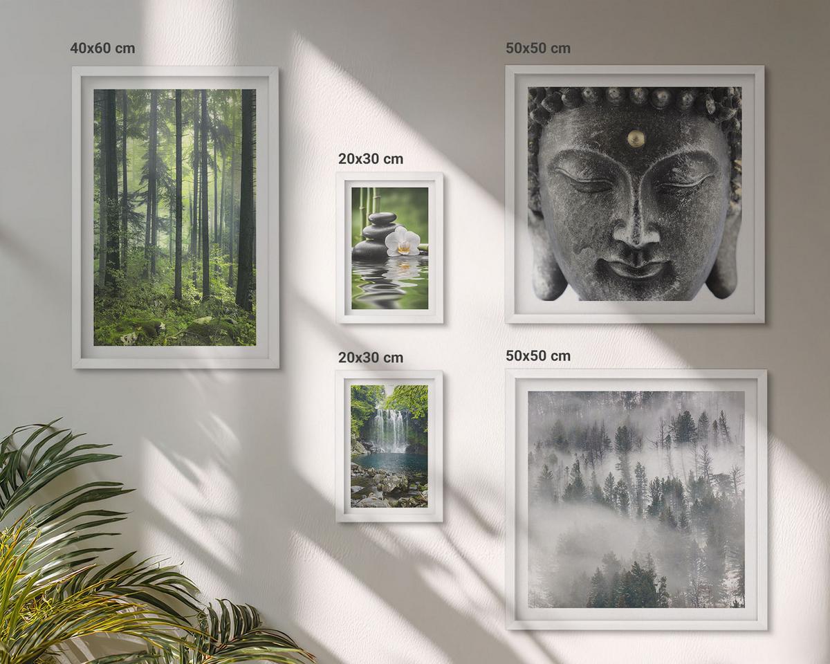BILDER SET 5er Set - 50x50 cm & 20x30 cm & 40x60 cm Weißer Rahmen - Harmonie der Natur, Steine, Wasser, Buddha - Weiß, Kunststoff (40/60cm) - TULUP