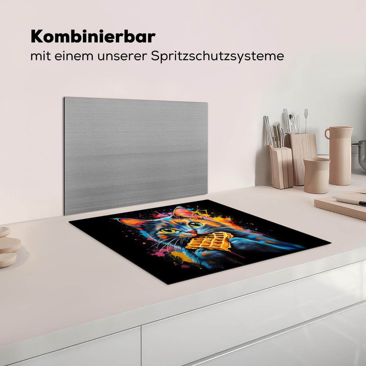 HERDABDECKPLATTE Katze - Graffiti - Bunt - Waffel - Essen Abdeckung Ceranfeld 59x51 cm - Multicolor, Kunststoff (59/51/0.2cm) - MuchoWow